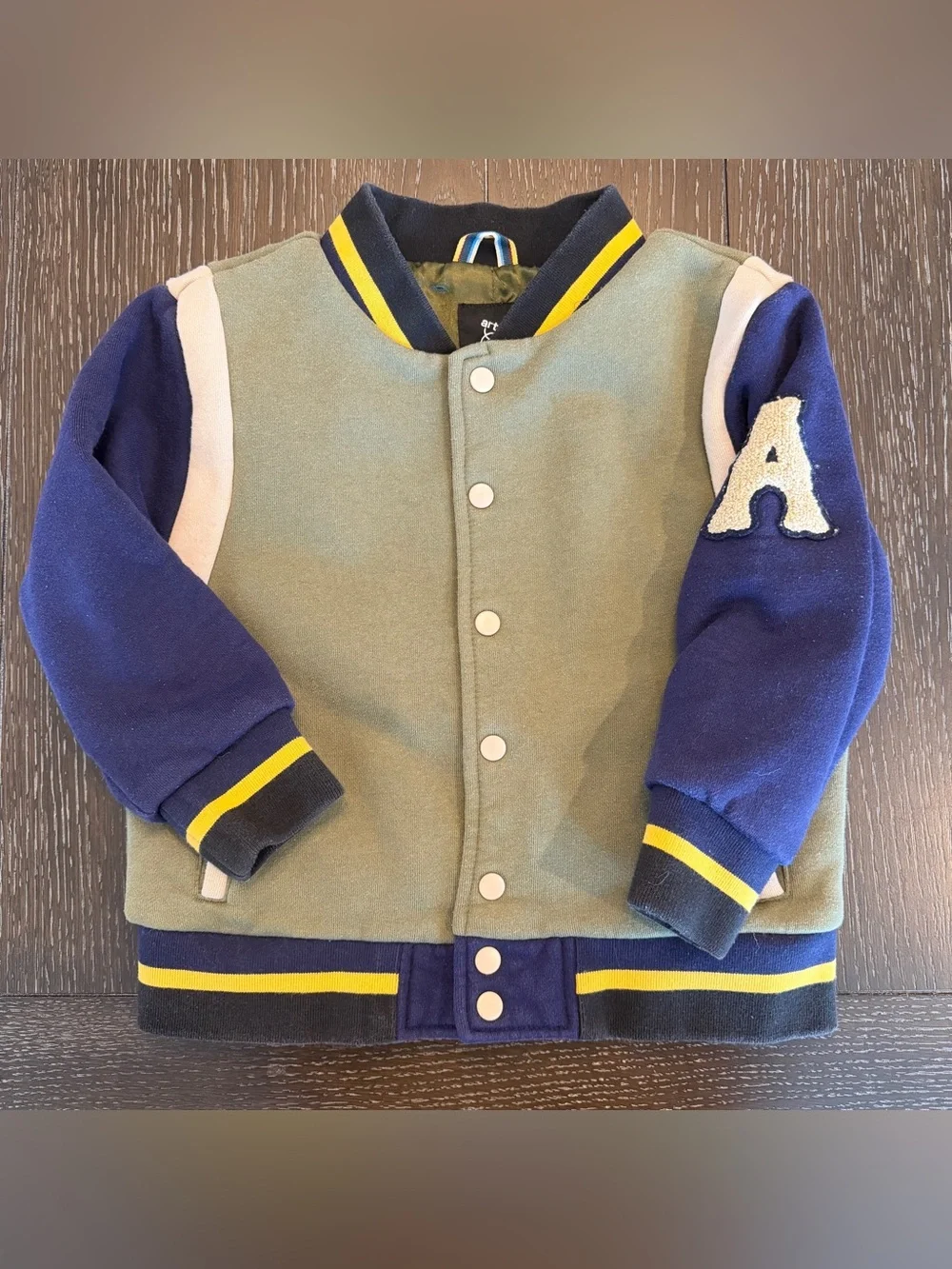 Art Class XS 4/5 Boy’s Tiger Embroidered Varsity Jacket Olive Navy & Yellow